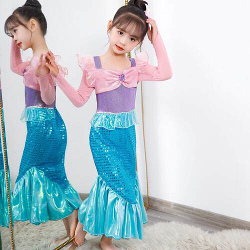 美人鱼公主连衣裙女孩秋春儿童长袖连衣裙Cosplay小公主亮片服装
