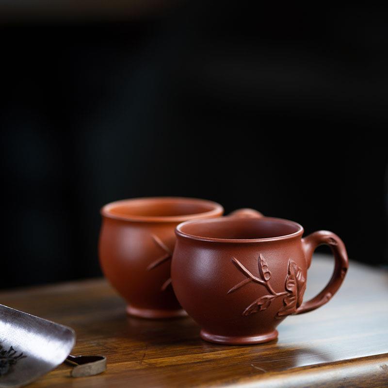壶途站宜兴原矿紫砂品茗主人杯贴竹叶功夫茶杯带把小口杯礼品定制