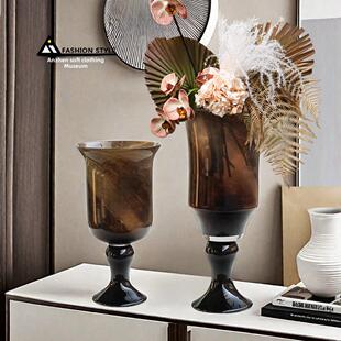 石纹质感琉璃花瓶高脚杯形插花器现代家居餐桌酒店样板间桌面摆件