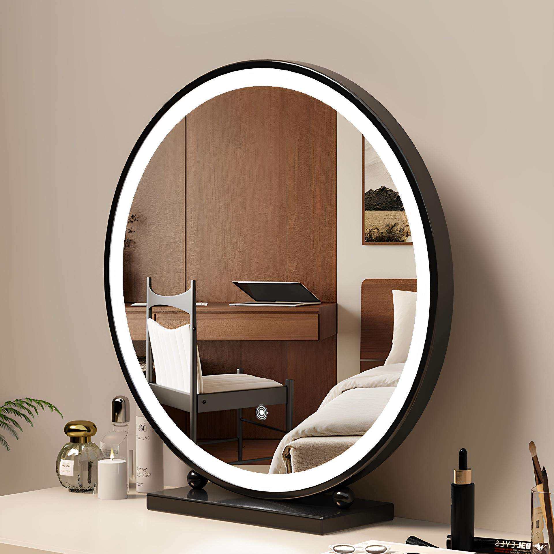 轻奢化妆镜圆形智能梳妆镜主卧台式桌面高级简约铁艺梳妆台大镜子