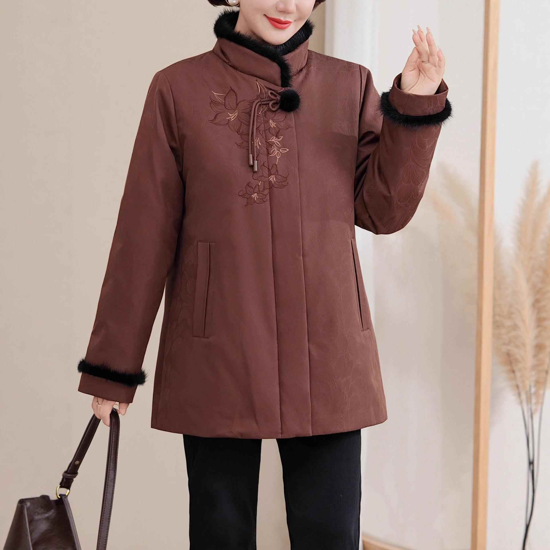 正品高档唐装女中国风端皮草老绒羽服中年大码刺绣喜48-8826高庆