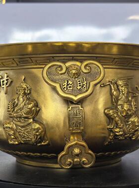 黄铜聚宝盆摆件家用摆件办公室五路财神聚宝盆客厅开业香炉摆件