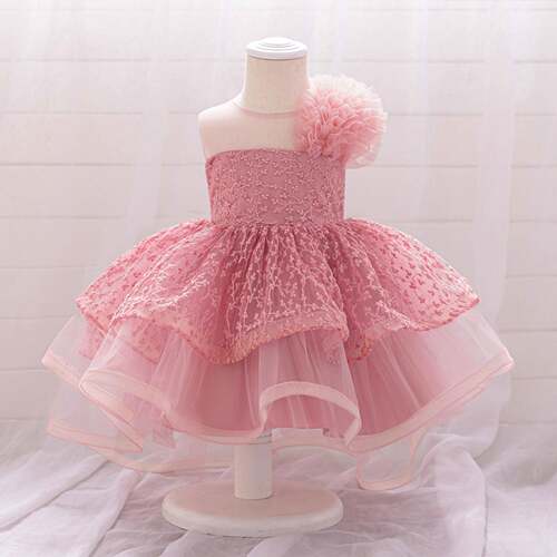 女宝宝生日周岁礼服女童粉色拖尾蓬蓬裙婴幼儿童百日宴抓周公主裙