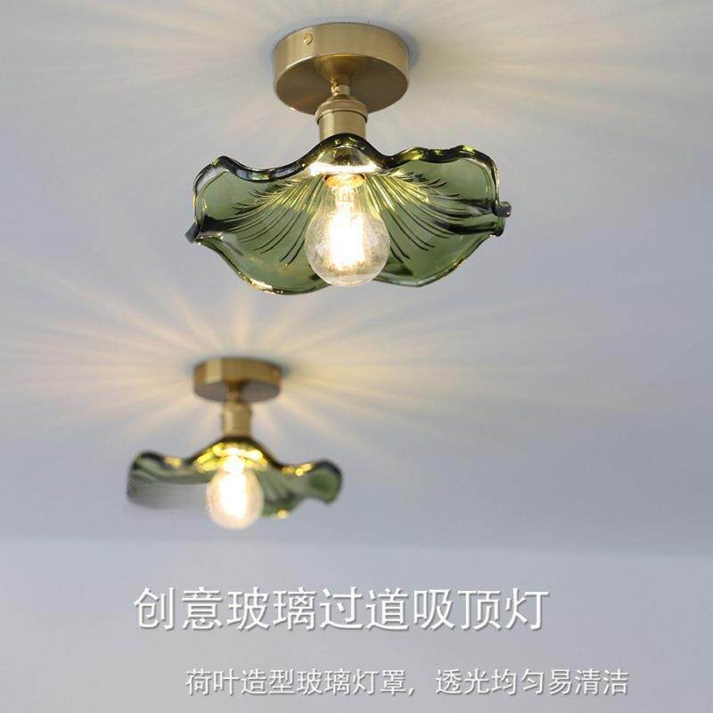 复古绿色荷叶吸顶灯北欧简约餐厅灯具玄关阳台吧台过道铝材玻璃灯