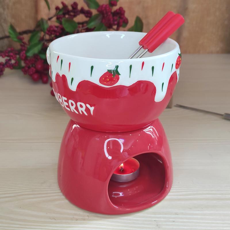 陶瓷冰淇淋火锅炉草莓大号容量巧克力火锅炉红色圆形火锅融化炉
