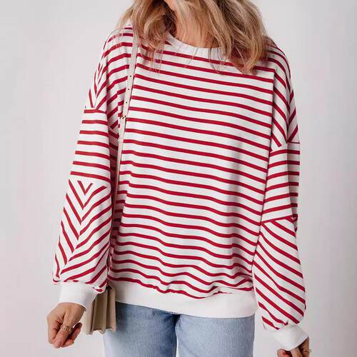 Orange Stripe Drop Shoulder Crew Neck Loose Sweatshirt