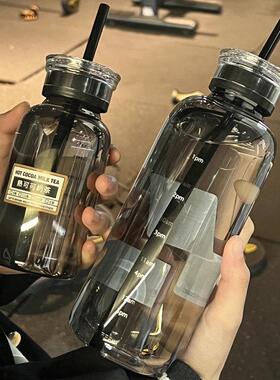 沐韩高颜值男女学生带吸管玻璃杯双盖网红便携水杯果茶杯牛奶杯子