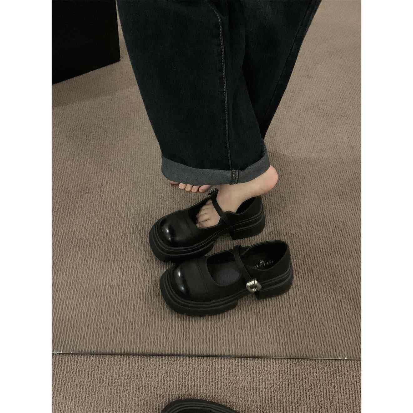 潮牌法式复古厚底玛丽珍单鞋乐福鞋春秋小众高级感小皮鞋女鞋黑色