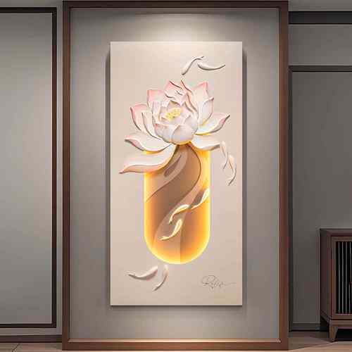 九鱼图入户玄关装饰画竖版高档走廊过道挂画荷花led灯画现代轻奢