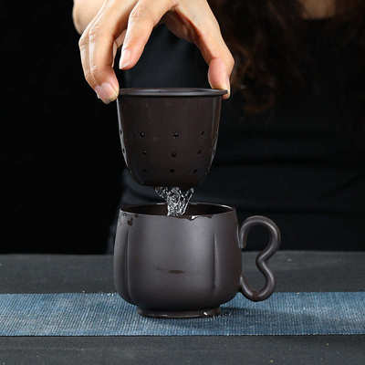 宜兴紫砂杯石黄手工泡茶内胆过滤杯子带盖送礼茶具水杯