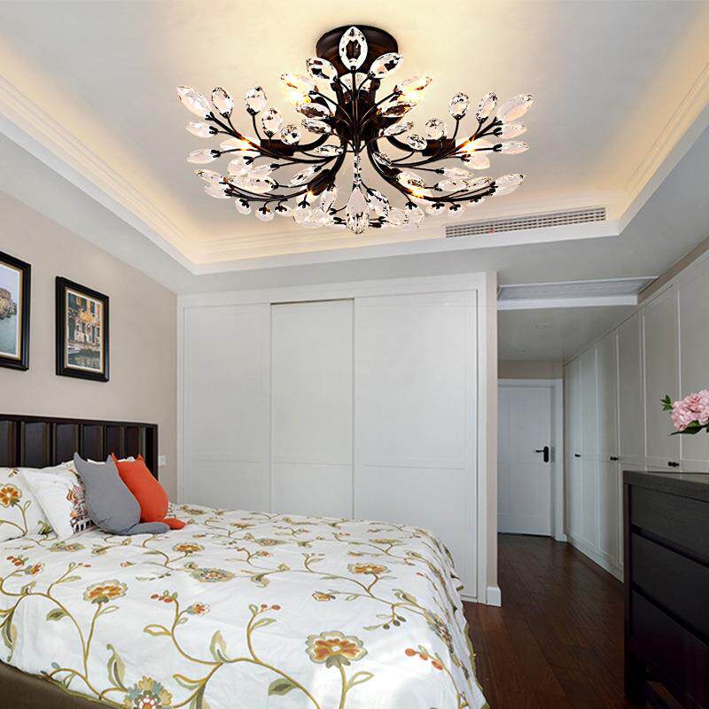 美式乡村风水晶吸顶灯轻奢创意家用卧室餐厅书房客厅铁艺树枝灯具