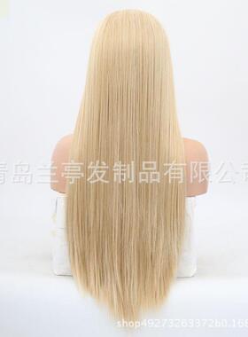 新款直销跨境假发欧美时尚女式头套浅黄色长直发前蕾丝化纤假发现