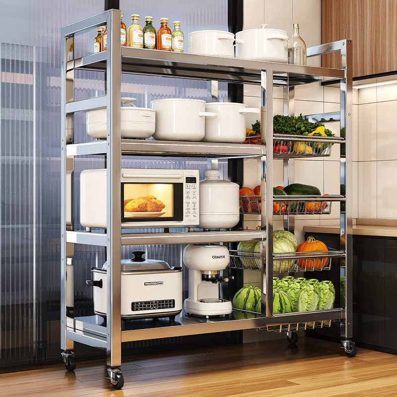 不锈钢厨房置物架可移动带轮多功能落地蔬菜篮子多层家用微波炉架