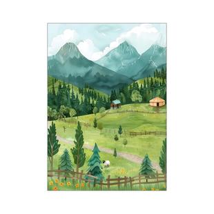 YICHINO 饰画画芯不含画框 小众艺术绿色田野风景挂画餐厅小清新装
