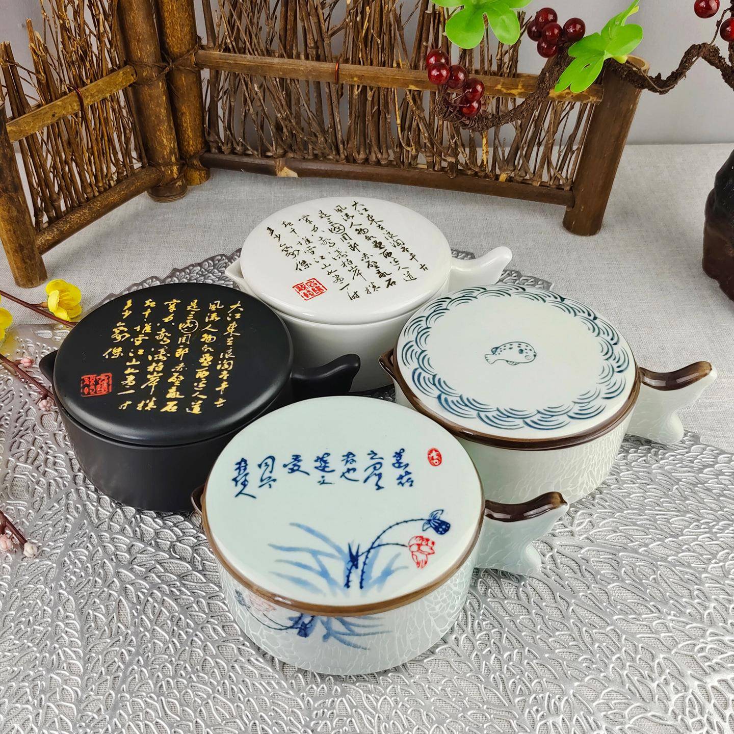 多功能墨池墨盘砚台带盖墨条毛笔架墨海陶瓷墨汁墨盒墨碟墨砚台