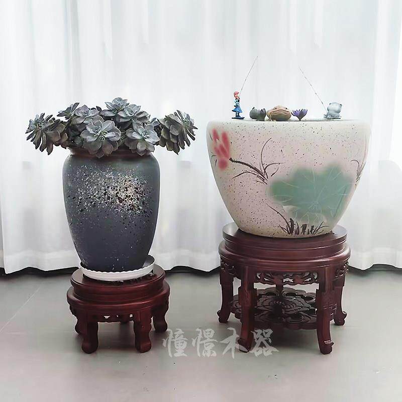 实木中式圆形鱼缸架客厅落地式花架置物架室内花盆架盆景架奇石架