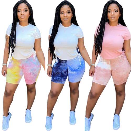 Women's pants set with printed two side drawstring T-shirt