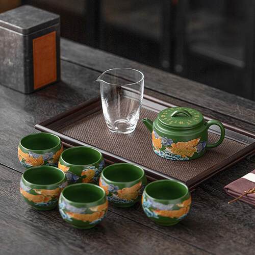 原矿紫茶具套装茶家用功夫茶壶大口汉泡瓦绿泥紫砂砂壶-高档礼盒