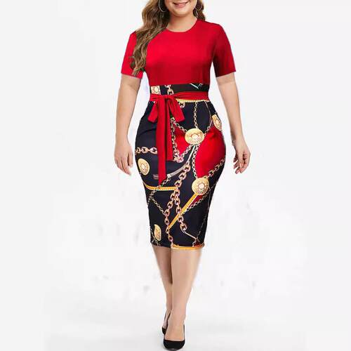 Women'S Patchwork Chain Print Belted Bodycon Dress, Elegant
