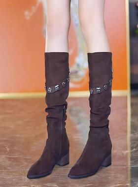 QVU~品牌专柜！韩版不过膝高跟长靴秋冬新款尖头粗跟后拉链瘦瘦靴