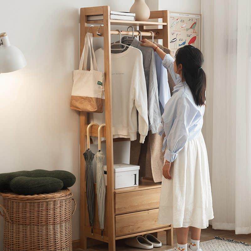 实木衣帽架换鞋凳床头柜一体卧室开 放落地挂衣架家用玄关柏木家