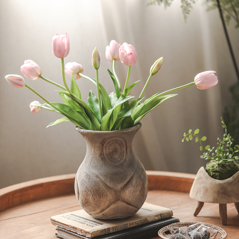 原木风圆肚花瓶手工泡桐木实木侘寂风摆件民宿装饰品复古木制摆设