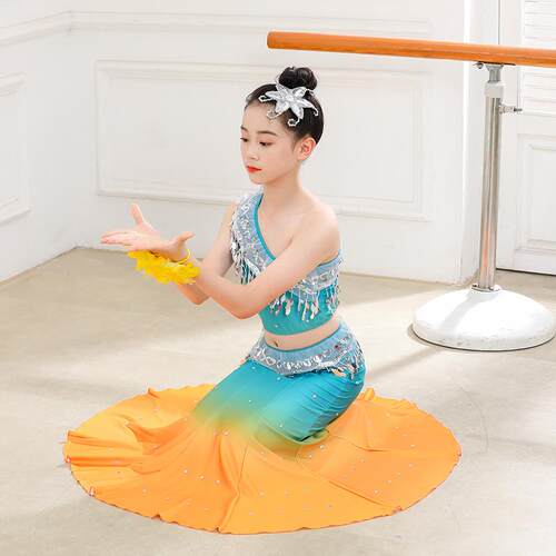 高档身傣族蹈演出服女童儿童艺考练功修裙孔雀舞蹈舞表演服包臀鱼