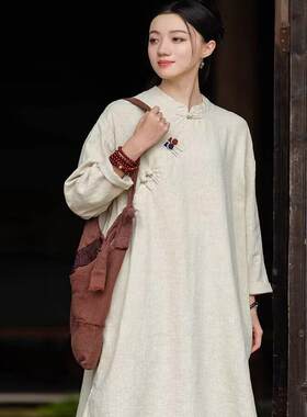 新品中式禅意休闲居士服盘扣上衣女复古做旧棉麻长袖太极练功袍子