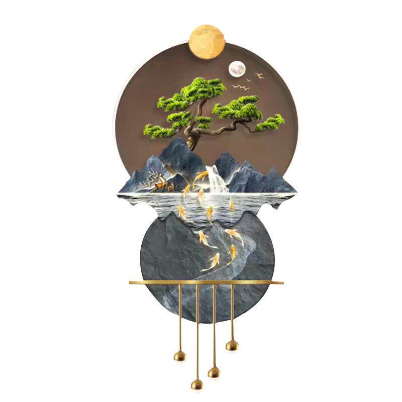 迎客松电视背景墙格栅装饰立体LED壁灯新中式入户玄关走廊灯光画