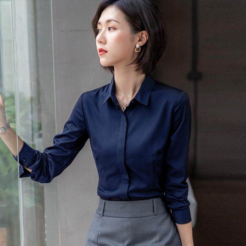 气质职业衬衫女长袖工作服高级感深蓝色衬衣春秋修身工装上班上衣