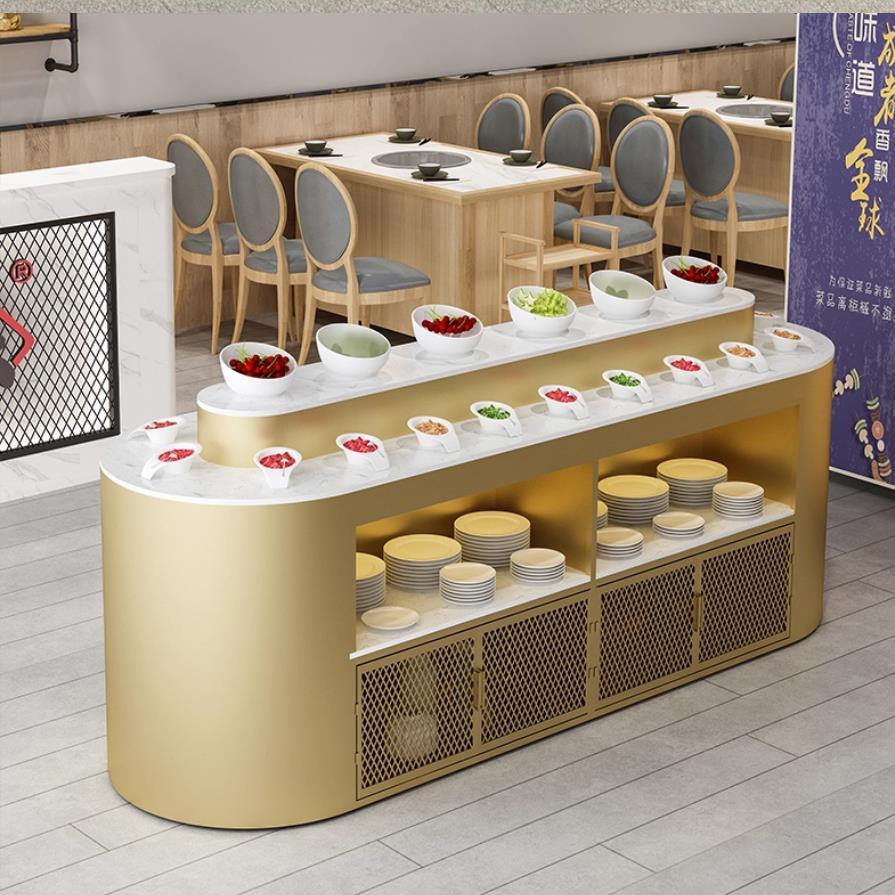 酒店餐厅自助取餐小料台凉菜大理石商用双面圆弧火锅店调料台图片