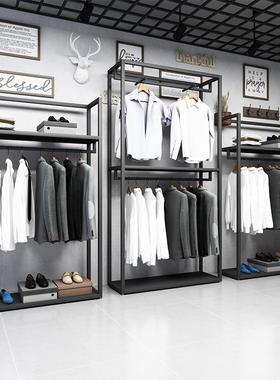 黑色服装店展示架男装店铺货架落地式双层陈列挂衣架铁艺金属包架