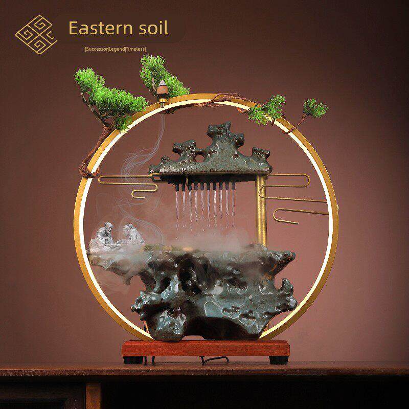 东方泥土陶瓷太湖石雨帘流水器摆件办公室家居室内客厅雾化加湿器