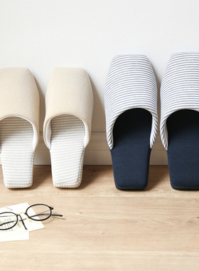 情侣针织条纹方头软底居家拖鞋男女木地板冬室内家居