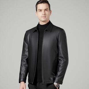 款 季 C套中年爸装 真皮翻领外22099 商务休闲皮衣秋爸新绵 海宁男士