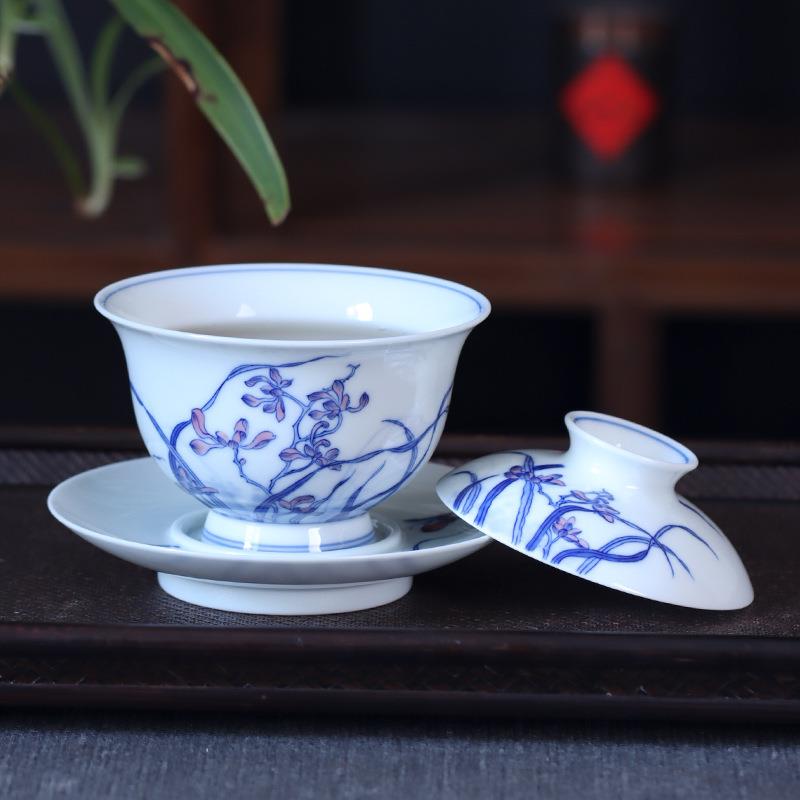 手绘青花玉泥君子兰三才盖碗纯手工陶瓷泡茶碗茶杯单个高端敬茶碗