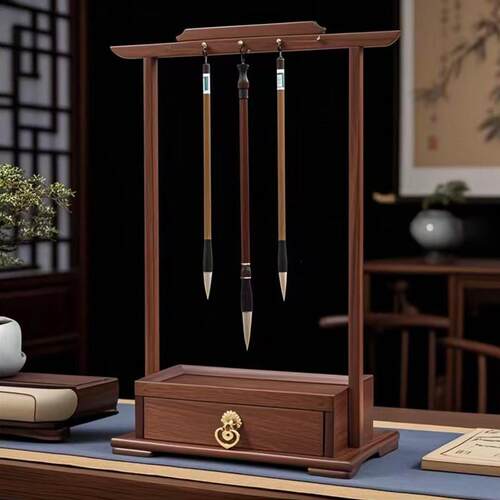 黑胡桃木带抽屉毛笔挂笔架实木文玩收纳盒置物架复古创意文房四宝