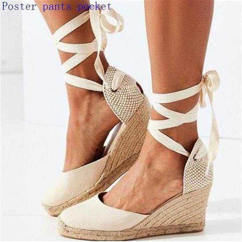 Sandals, female round head, wedges, hemp rope