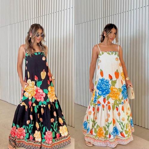 Women's suspender printed long skirt women's dress