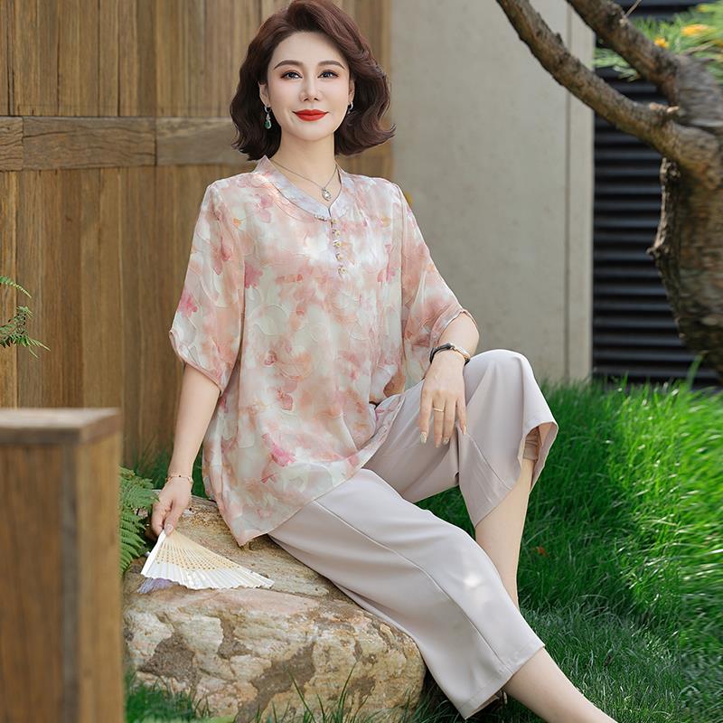 中年妈妈夏装桑蚕丝遮肚子衬衫女短袖两件套印花真丝小衫上衣透