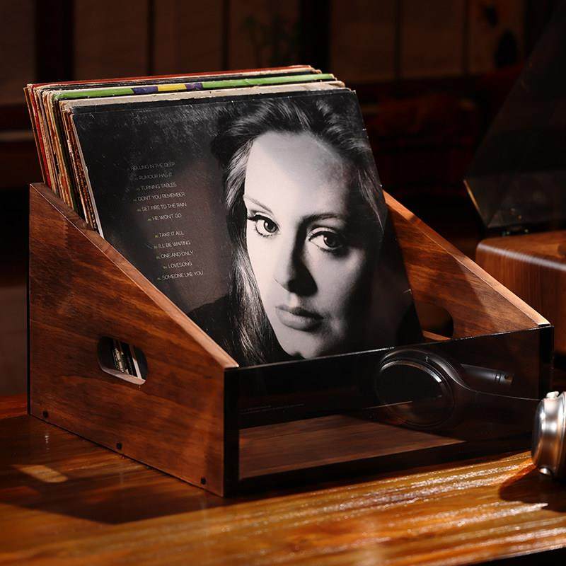 黑胶唱片收纳架胡桃实木CD展示盒12寸大容量碟片箱简约复古LP支架