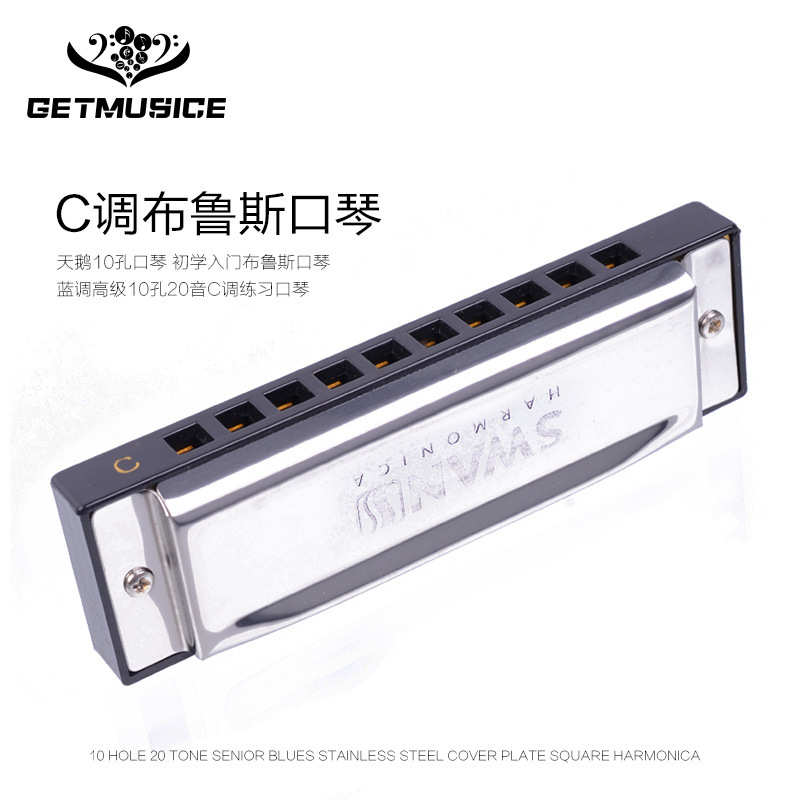 天鹅10孔口琴 初学入门布鲁斯口琴 蓝调高级10孔20音C调练习口琴