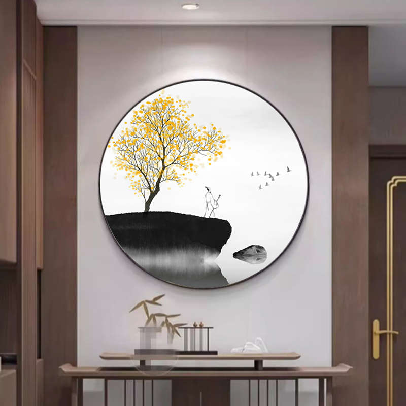 新中式玄关装饰画餐厅圆形背景墙挂画山水画茶室走廊客厅过道壁画