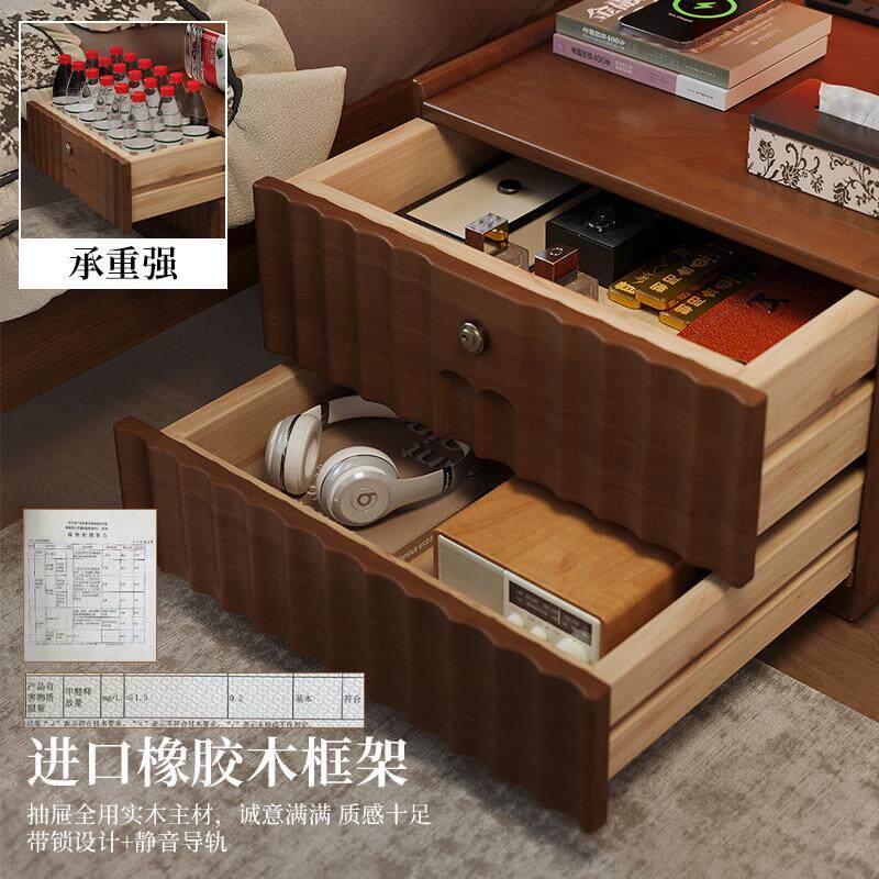 实木床柜简约现代家用室带BC76锁卧物柜小型头床储边置物架简易收