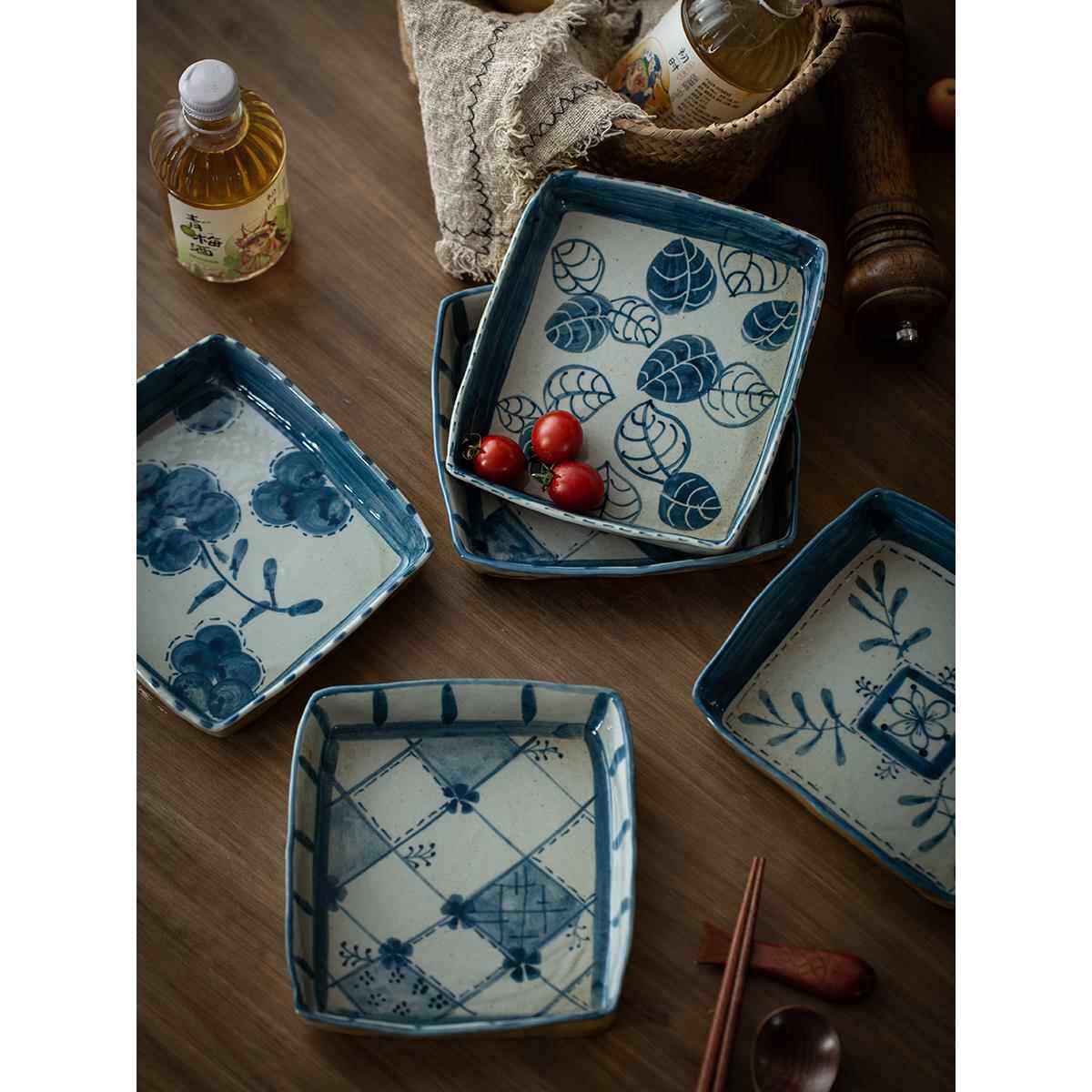 设计师手工青花瓷盘饺子盘覆古陶瓷餐盘鸡翅甜品盘方形餐具家用