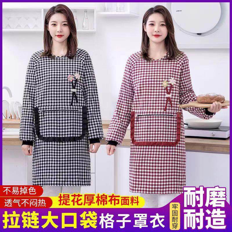 加厚棉布长袖罩衣女围裙厨房家用2024新款做饭时尚上班带袖工作服