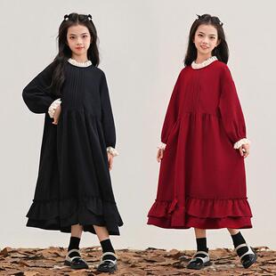 春秋冬款女童韩版宽松长袖连衣裙儿童长裙子黑色红色加绒中大童装