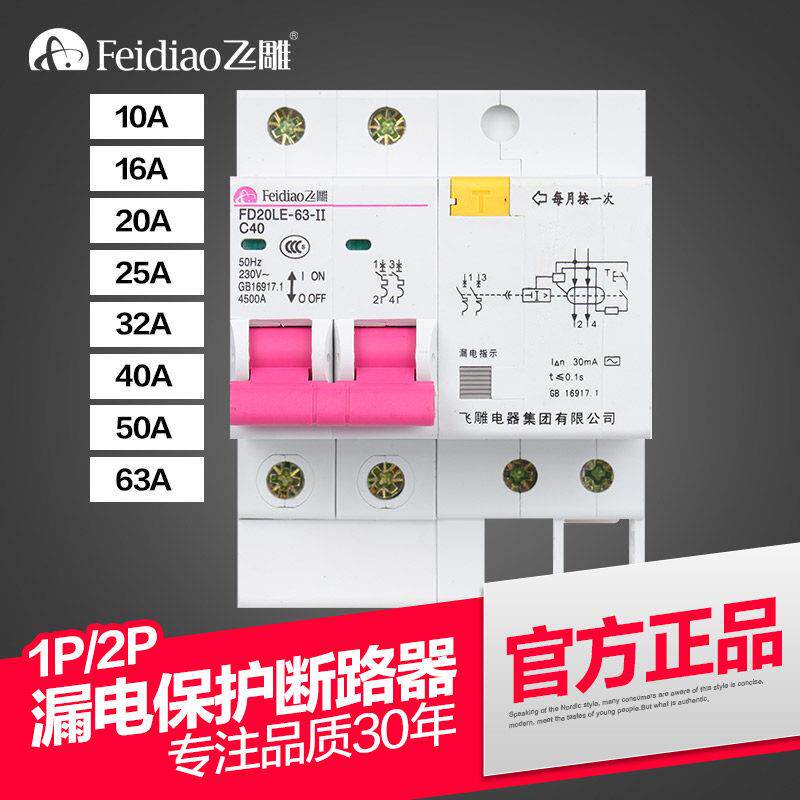 飞雕空气电闸开 关带漏电触电保护器家用断路器空开 2p漏保63安a