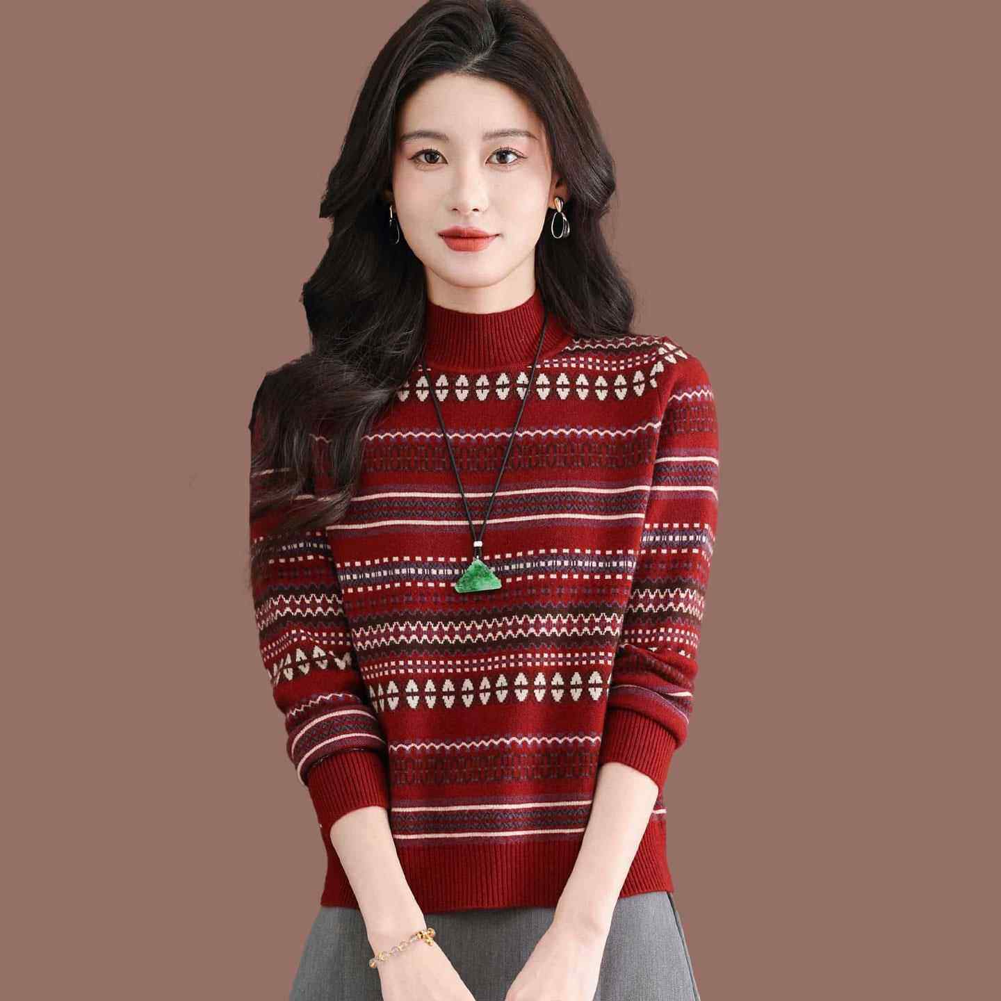 半高领红色条纹毛衣女秋冬2025新款时尚内搭宽松羊毛针织打底上衣