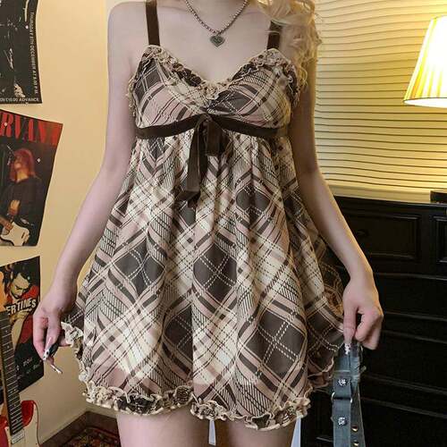Women's Plaid Print Bow Decor Cami Top Comfy Elegant Casual